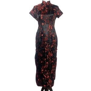 Cheongsam Qipao Black Red Brocade Long Fitted Dress L Mandarin Collar Side Slits